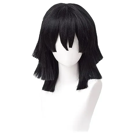 SL Black Cosplay Wigs with Bangs Anime Wigs for Obanai Cosplay with Cap