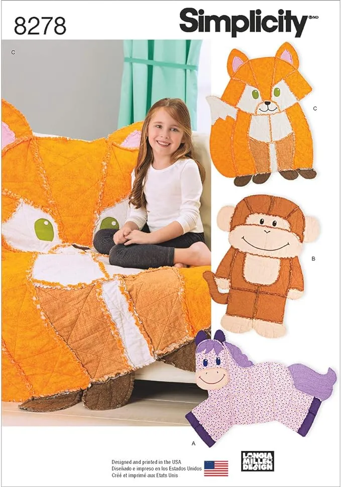 Simplicity 8278 Kid's Animal Rag Quilt Sewing Patterns, One Size