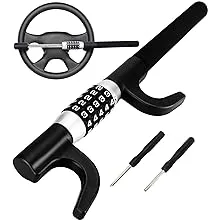 Tevlaphee Steering Wheel Lock Anti Theft Security Extendable Device Retractable Keyless Password 5 Coded Combination Antitheft Lock Heavy Duty Universal Fit for Vehicle Car Truck Van SUV Twin Hooks