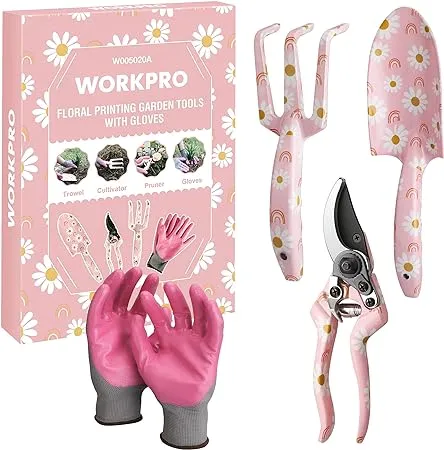 WorkPro Aluminum Garden Tool Set, 4pcs Heavy Duty Hand Garden Tools with Box Include Trowel, Rake, Pruner, Garden Gloves, Floral and Insect Printing