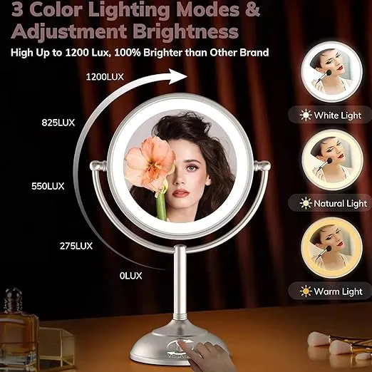 VESAUR 10" Extra Large and 17" Tall Lighted Makeup Mirror, 1X/5X Magnifying Vanity Mirror with 3 Colors Dimmable, 52 Premium LED Lights, 360° Rotation Table Mirror 2 Power Supply, Pearl Nickel