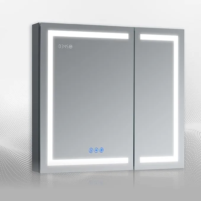 RUBINI 36 in.W x 32 in.H LED Medicine Cabinet Recessed Surface Clock Dimmer Defogger Cosmetic Mirror Outlet USB