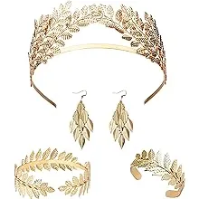 Rivertree Gold Greek Goddess Costume Accessories Set Laurel Leaf Headpiece, Upper Arm Cuff Bangle Bracelet, Earrings Roman Toga Costume Party Halloween For WomenRivertree Gold Greek Goddess Costume Accessories Set Lau…