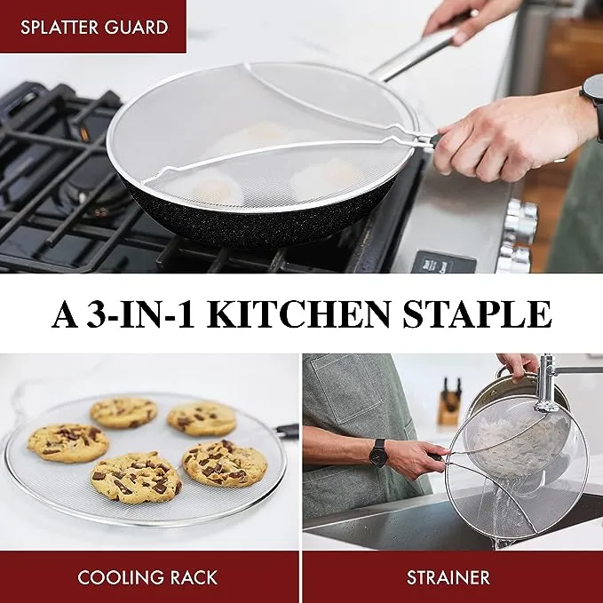 BergKoch Grease Splatter Screen for Frying Pan 13" - Stops 99% of Hot Oil Splash - Protects Skin from Burns - Splatter Guard for Cooking - Iron Skillet Lid