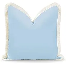 Coastal Hampton Style Indoor Outdoor Pillow Cover, Fringe, Solid Baby Blue, 20"x20"