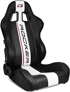 Universal Reclinable Racing Seat Dual Slider Right Black PU Leather White Stripe