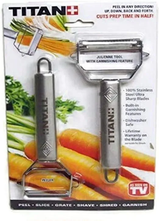 Titan Peeler Stainless Steel Blade Vegetable Peeler Julienne Tool with Garnishing Feature - Slicer Shredder Cutter for Kitchen Home Staple - TTPLR