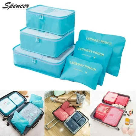 Spencer Set of 6 Waterproof Packing Cubes Travel Luggage Packing Organizer Pouch Clothes Storage Bag Suitcase for Toiletry Blue