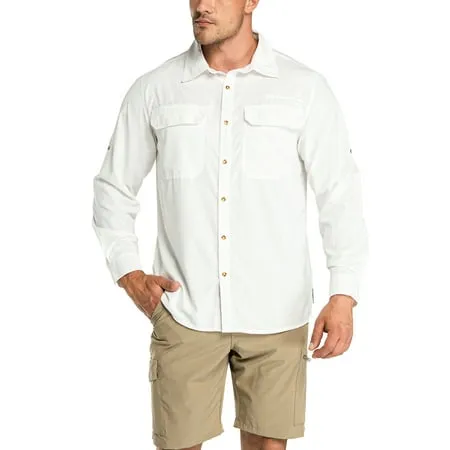 33,000ft Men's Long Sleeve Sun Protection Shirt UPF 50+ UV Quick Dry Cooling Fishing Shirts for Travel Camping Hiking White Large