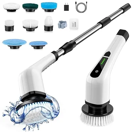 Cordless Electric Spin Scrubber,Cleaning Brush Scrubber for Home, 400RPM/Mins-8 Replaceable Brush Heads-90Mins Work Time,3 Adjustable Size,2 Adjustable Speeds for Bathroom Shower Bathtub Glass Car