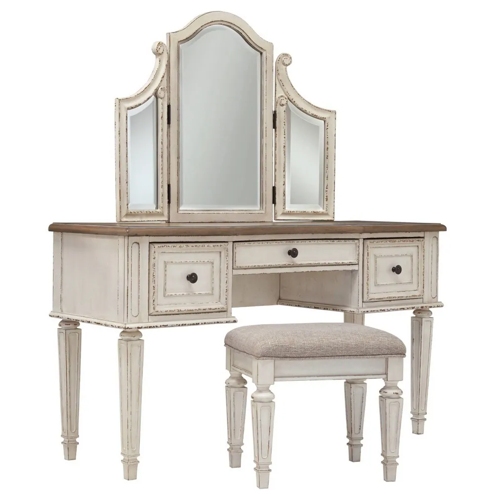 Signature Design by Ashley Realyn Traditional Cottage 3 Drawer Vanity Set with Dovetail Construction, Mirror & Stool Included, Chipped White, Distressed Brown