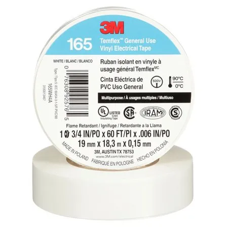 3M Temflex Vinyl Electrical Tape 165, White, 3/4 in x 60 ft, 6 mil, 10 Pack