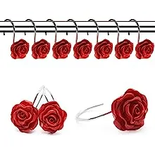 FINROS 12 PCS Home Fashion Decorative Anti Rust Shower Curtain Hooks Rose Design Shower Curtain Rings Hooks (RED)