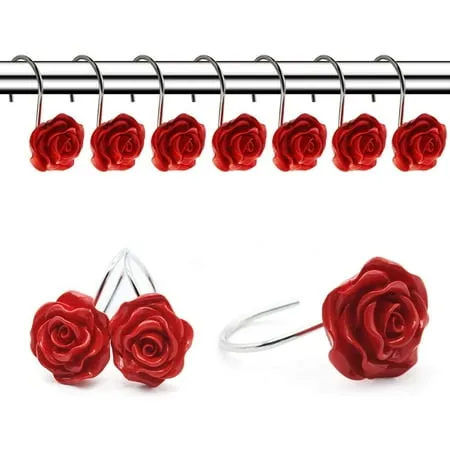 12 PCS Home Fashion Decorative Anti Rust Shower Curtain Hooks Rose Design Shower Curtain Rings Hooks (Red)