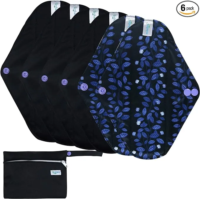 Leekalos Reusable Menstrual Pads - Bamboo Menstrual Cloth Pads | Light Incontinence Pads | Reusable Sanitary Pads - Pack of 6, 1 Cloth Mini Wet Bag (M, Black Flower)