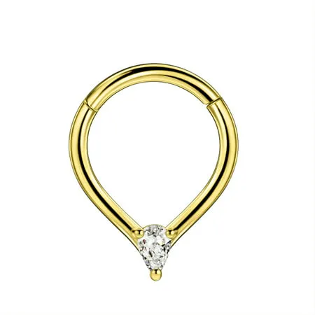 Surgical Steel Septum Rings for Women 16 Gauge Cubic Zirconia Septum Clicker Gold Plated Septum Piercing Rings 16g Septum Jewelry 8mm Teardrop Septum Ring Hoop