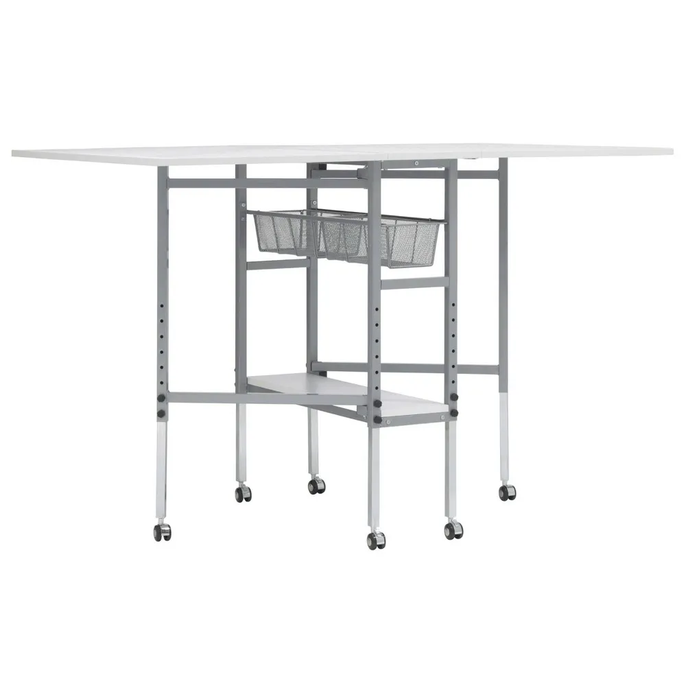 Sew Ready Mobile Folding Height Adjustable Quilting Fabric Cutting Table with Grid Top and Storage in Silver/White