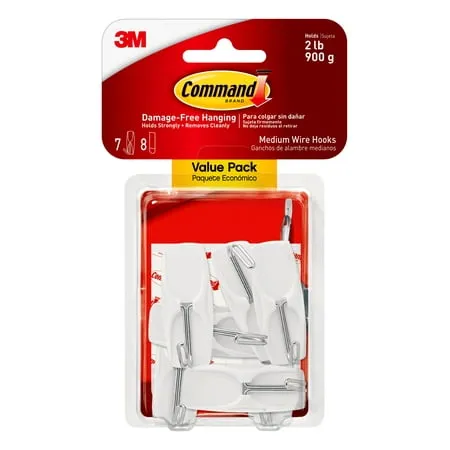 Command Wire Toggle Hook Value Pack, White, Medium, 7 Hooks, 8 Strips/Pack