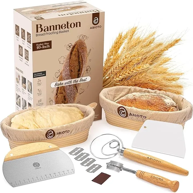 Sourdough Bread Proofing Baskets and Baking Supplies, A Complete Bread Making Kit Including Two 10" Oval Bannetons, Bread Lame, Danish Whisk, Bowl & Dough Scrapers, and Linen Liners