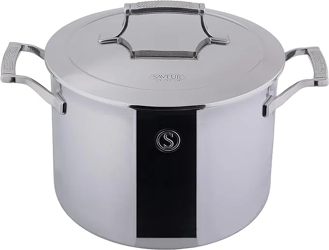 SAVEUR SELECTS Tri-ply Stainless Steel 8-Quart Stock Pot with Lid, Induction-ready, Dishwasher Safe, Voyage Series