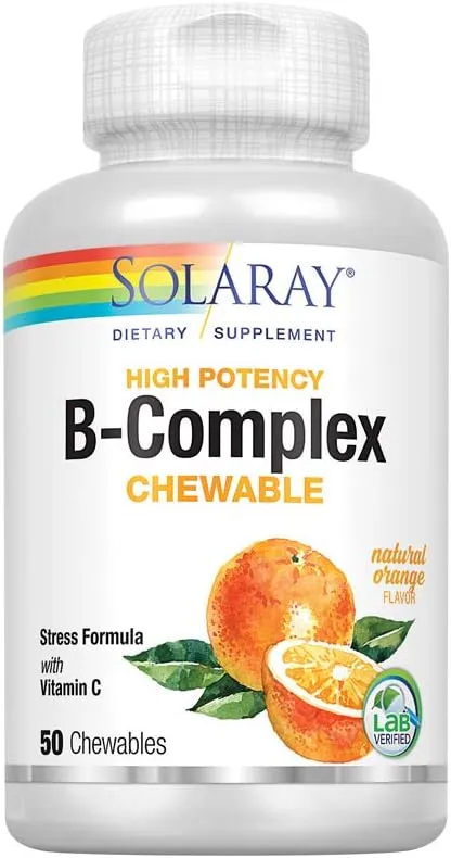 Solaray Vitamin B-Complex 250mg Natural Orange Flavor | Healthy Hair, Skin, Immune Function & Metabolism Support | Lab Verified | 50 Chewables