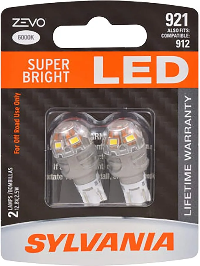 SYLVANIA - 921 T-16 W16W ZEVO LED White Bulb - Bright LED Bulb, Ideal for Interior Lighting - Map, Dome, Trunk, Cargo and License Plate (Contains 2 Bulbs)