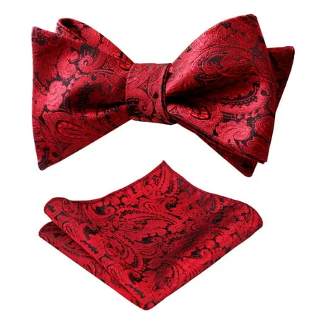 Alizeal Mens Paisley Jacquard Untied Bow Tie Pocket Square Set, Wine Red