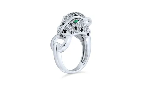 Green Eye Black White CZ Leopard Panther Cat Ring Silver Plated Brass 6 Green Cubic Zirconia Cubic Zirconia