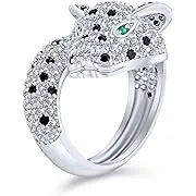 Bling Jewelry Green Eye Black White Cubic Zirconia CZ Fashion Leopard Panther Cat Statement Bypass Ring for Women Silver Plated Brass