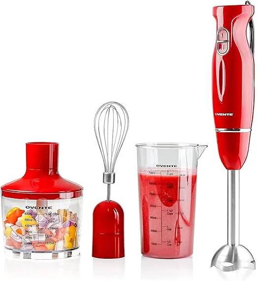 OVENTE Immersion Electric Hand Blender 300 Watt Power 2 Mix Speed with Stainless Steel Blades, Handheld Stick Mixer Set with Egg Whisk Attachment Mixing Beaker and BPA-Free Food Chopper, Red HS565ROVENTE Immersion Electric Hand Blender 300 Watt Pow…