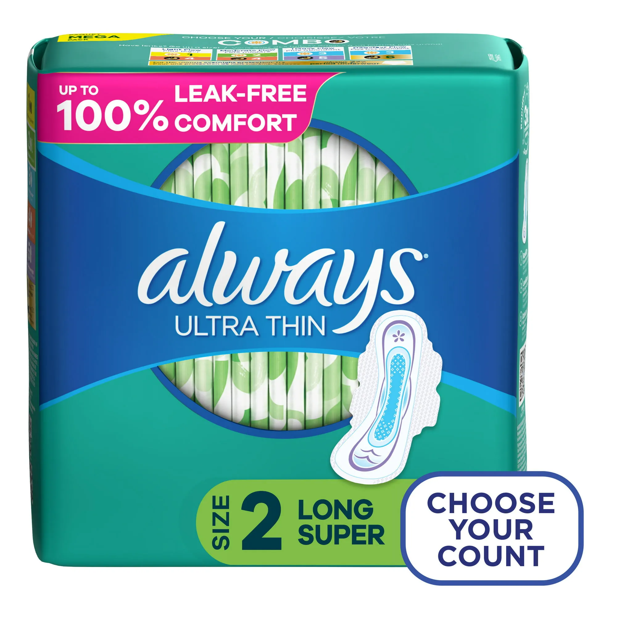 Always Ultra Thin Pads Unscented with Wings, Long Absorbency, Size 2, 58 Ct