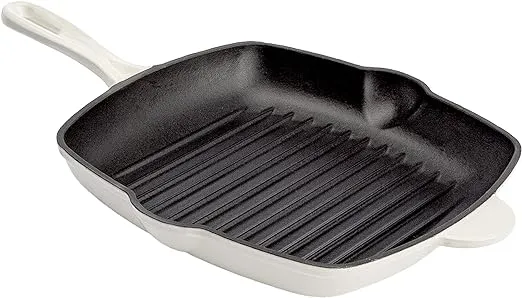 Country Living Enameled Cast Iron Square Griddle Grill Pan with Ridges, Helper Handle and Pouring Spouts for Easy Draining, Indoor Grilling Skillet, 11-Inch, Cream