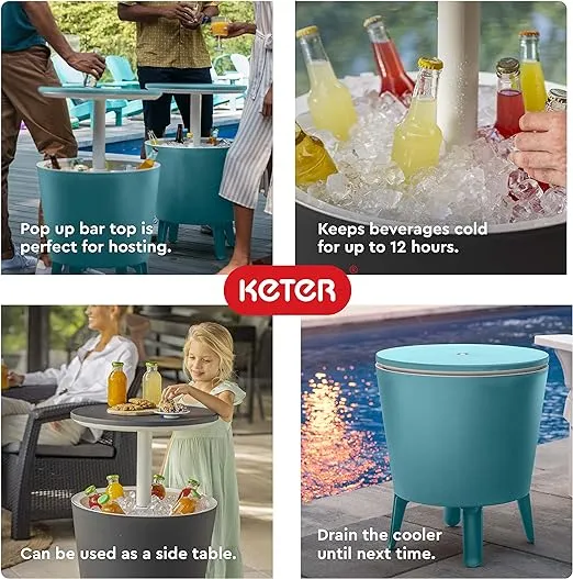 Keter Modern Cool Bar Outdoor Patio Furniture and Hot Tub Side Table with 7.5 Gallon Beer and Wine Cooler, Dark Grey