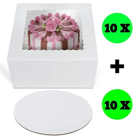 O'CREME Cake Boxes 8" x 8" x 5" and Round Cake Boards 8" Inch, Bakery Box with Window - 10 Pack of Each - White Kraft Paperboard - Bakery Cake Supplies - 10 Pack