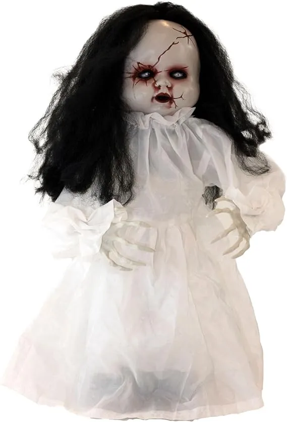 24 in. Battery Operated Poseable Haunted Jumping Doll with Red LED Eyes Halloween Prop