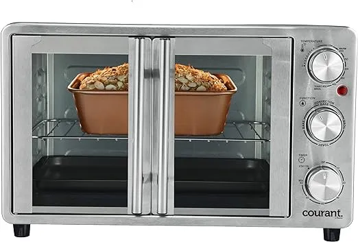 Courant French Door Convection Toaster Oven & Broiler, Bake Broil Toast Oven, Fits 9x13’’ Aluminum Baking Pan, 6-Slices, 10’’ Pizza, Convection Oven - Stainless Steel