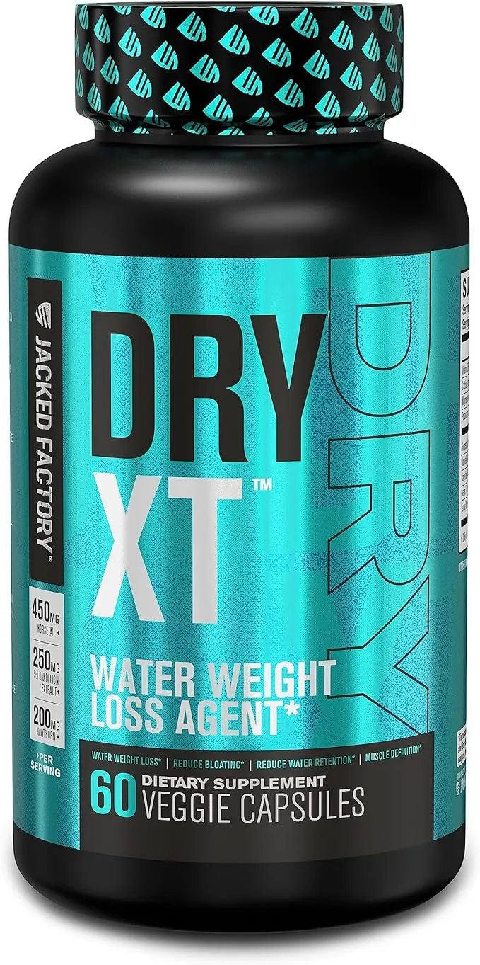 Jacked Factory Dry-XT Diuretic Water Pills - Natural Supplement | Reduces Water Retention & Bloating | Dandelion Root Extract, Potassium, 7 More Powerful Ingredients - 60 Veggie Capsules