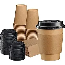 Comfy Package 50 Sets 16 Oz. Disposable Kraft Coffee Cups with Black Lids, Slee