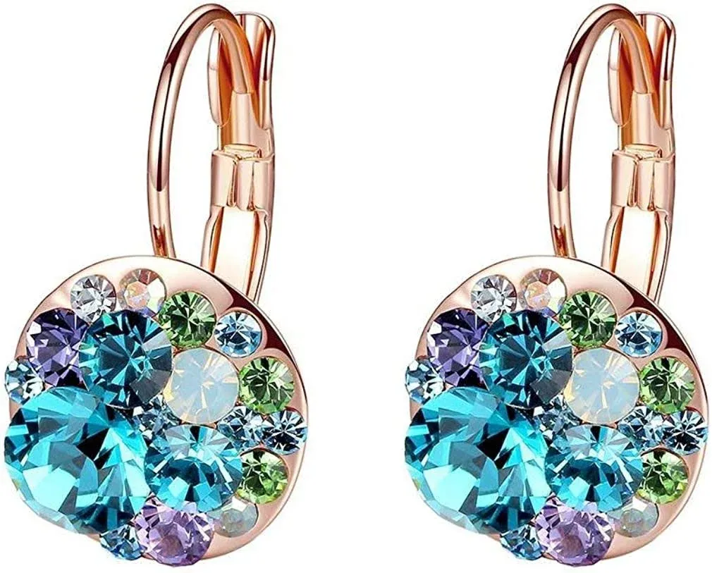 EVEVIC Multicolored Swarovski Crystal Earrings for Women 14K Gold Plated Leverback Dangle Hoop Earrings Blue Green Crystals/Rose Gold-