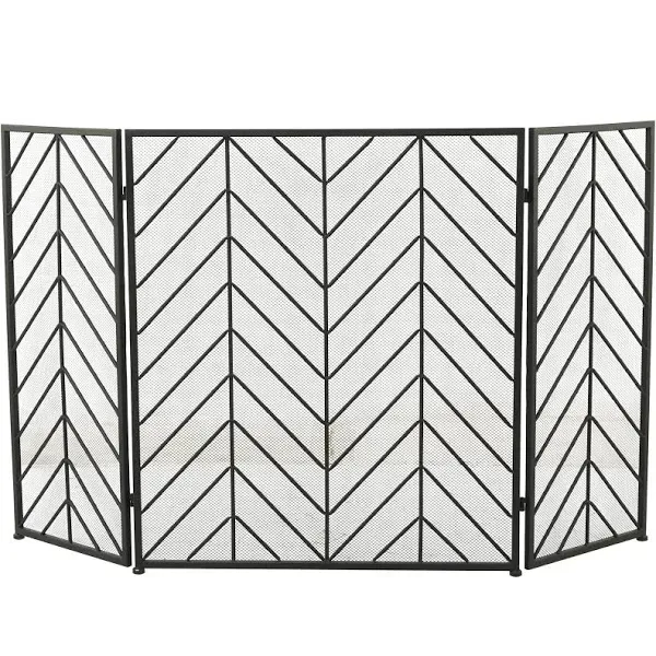 Best Choice Products 52x31in 3-Panel Iron Chevron Fireplace Screen, Spark Guard w/ Handles - Black