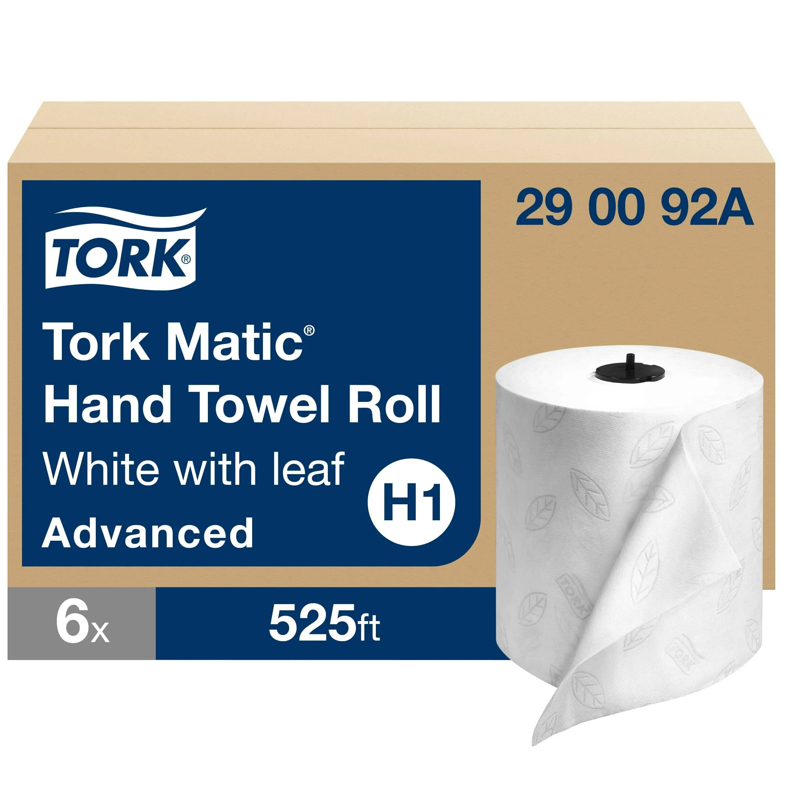 Tork Matic Hand Towel Roll, White With Gray Leaf, Advanced, H1, 100% Recycled Fiber, High Absorbency, Medium Capacity, 2-Ply, 6 Rolls x 525 ft - 290092A