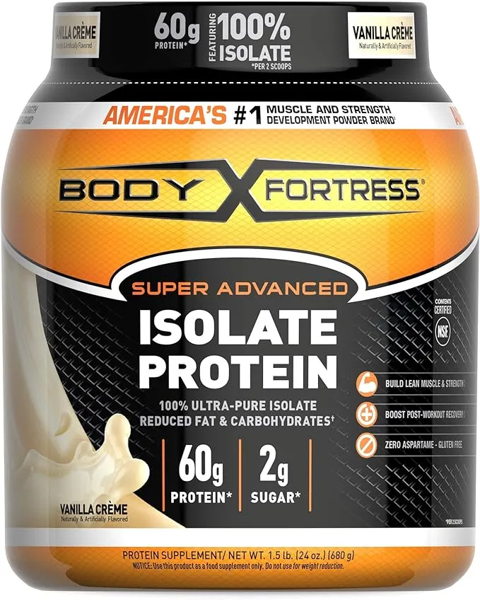 Body Fortress Super Advanced Isolate Protein Powder, Gluten Free, Vanilla Creme Flavored, 1.5 Lb