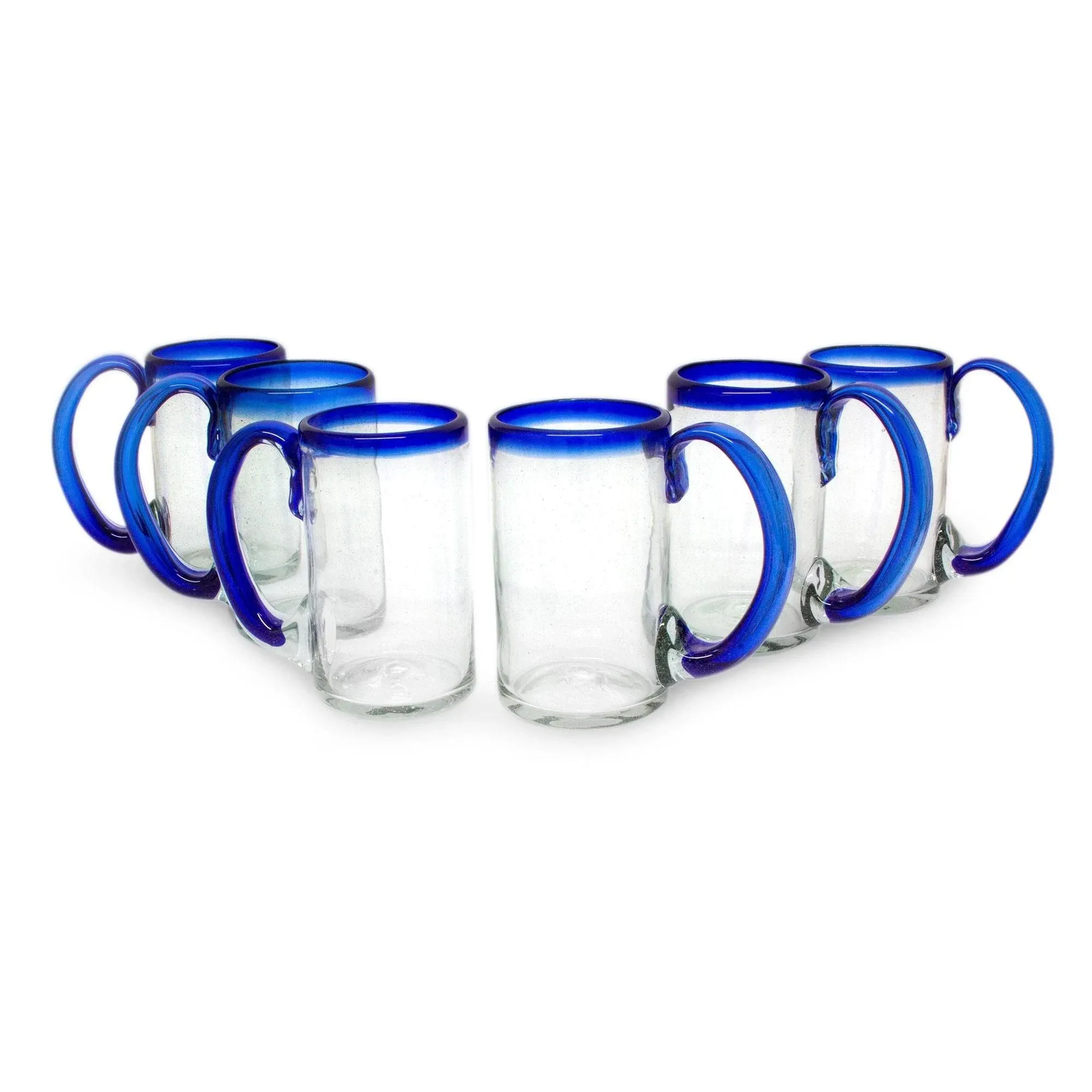 NOVICA Artisan Crafted Clear Blue Hand Blown Recycled Glass Beer Mugs Glasses, 16 Oz. 'Cobalt Beer' (Set Of 6)