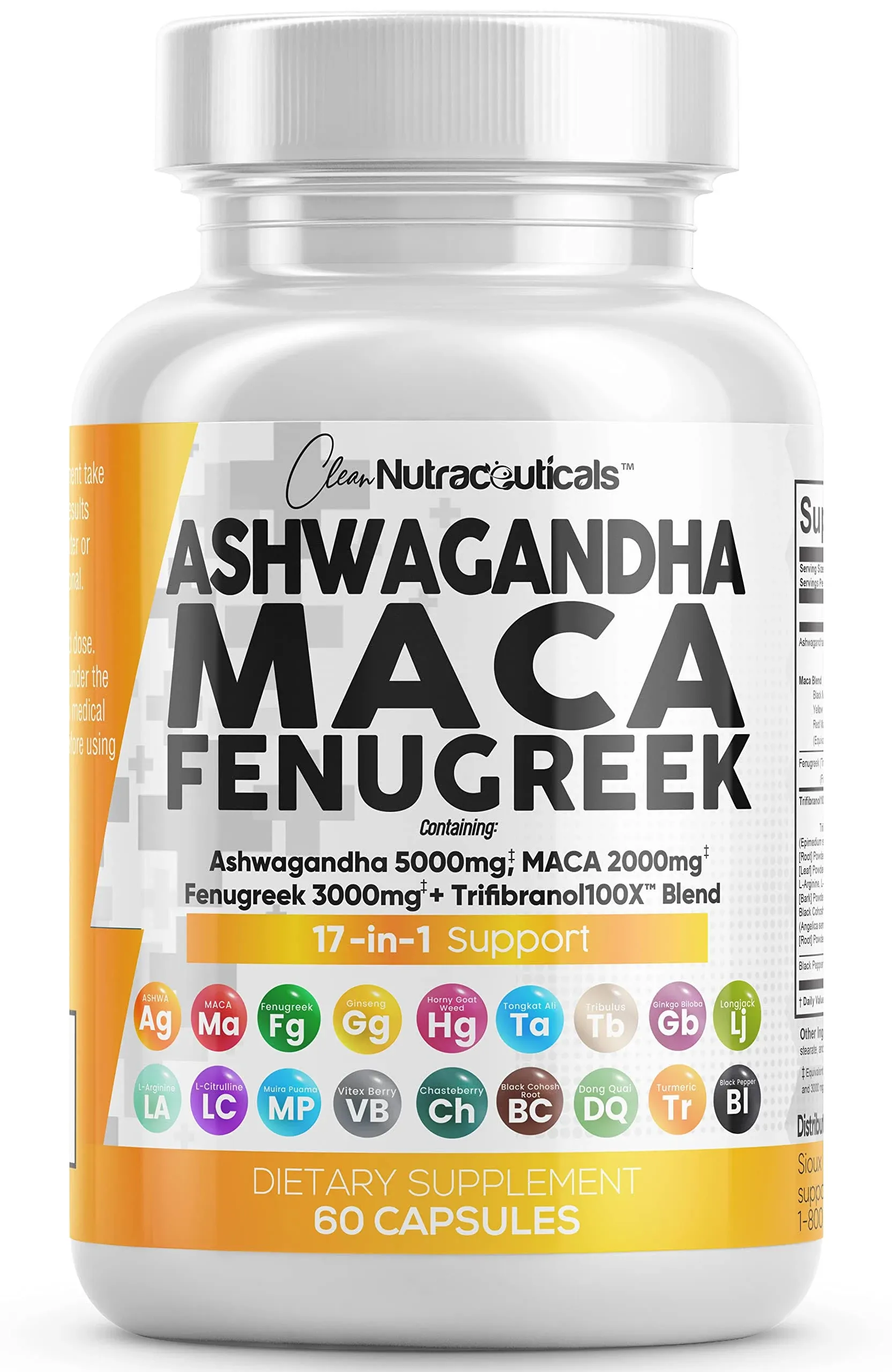 Clean Nutraceuticals Ashwagandha 5000mg Maca Root 2000mg Fenugreek 3000mg Supplement with Tongkat Ali Ginseng - Assists Stress, Mood & Thyroid Health