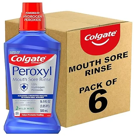 Colgate Peroxyl Antiseptic Mouthwash and Mouth Sore Rinse, 1.5% Hydrogen Peroxide, Mild Mint - 500ml, 16.9 Fluid Ounces (Pack of 6)