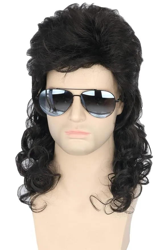 Men Wigs 80s Mullet Black Long Curly Male Halloween Costumes Punk Rocker Hairs