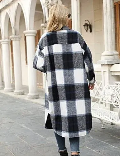 happlan Women's Plaid Shacket Casual Flannel Shirt Jacket Loose Lapel Wool Blend Coat Oversized