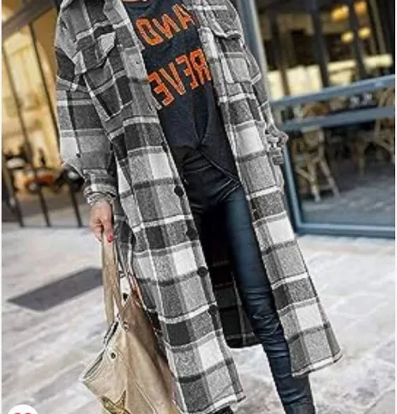 happlan Women&#x27;s Plaid Shacket Casual Flannel Shirt Jacket Loose Lapel Wool Blend