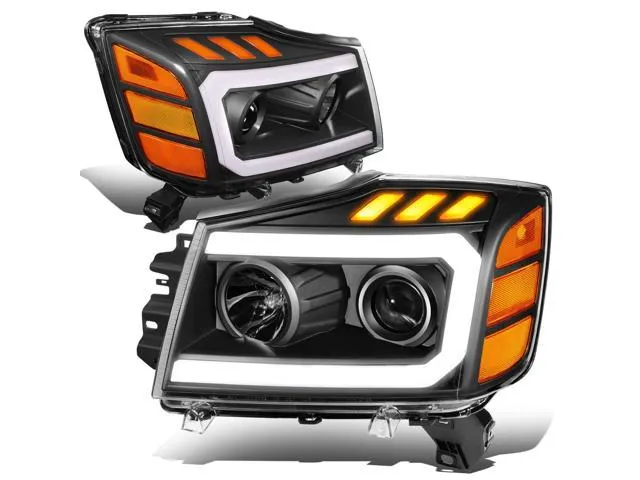 DNA Motoring HL-HPL-NARN04-BK-AM For 2004 to 2015 Nissan Titan Armada 3D DRL Projector Headlights with LED Turn Signal Black/Amber 05 06 07 08 09 10 11 12 13 14