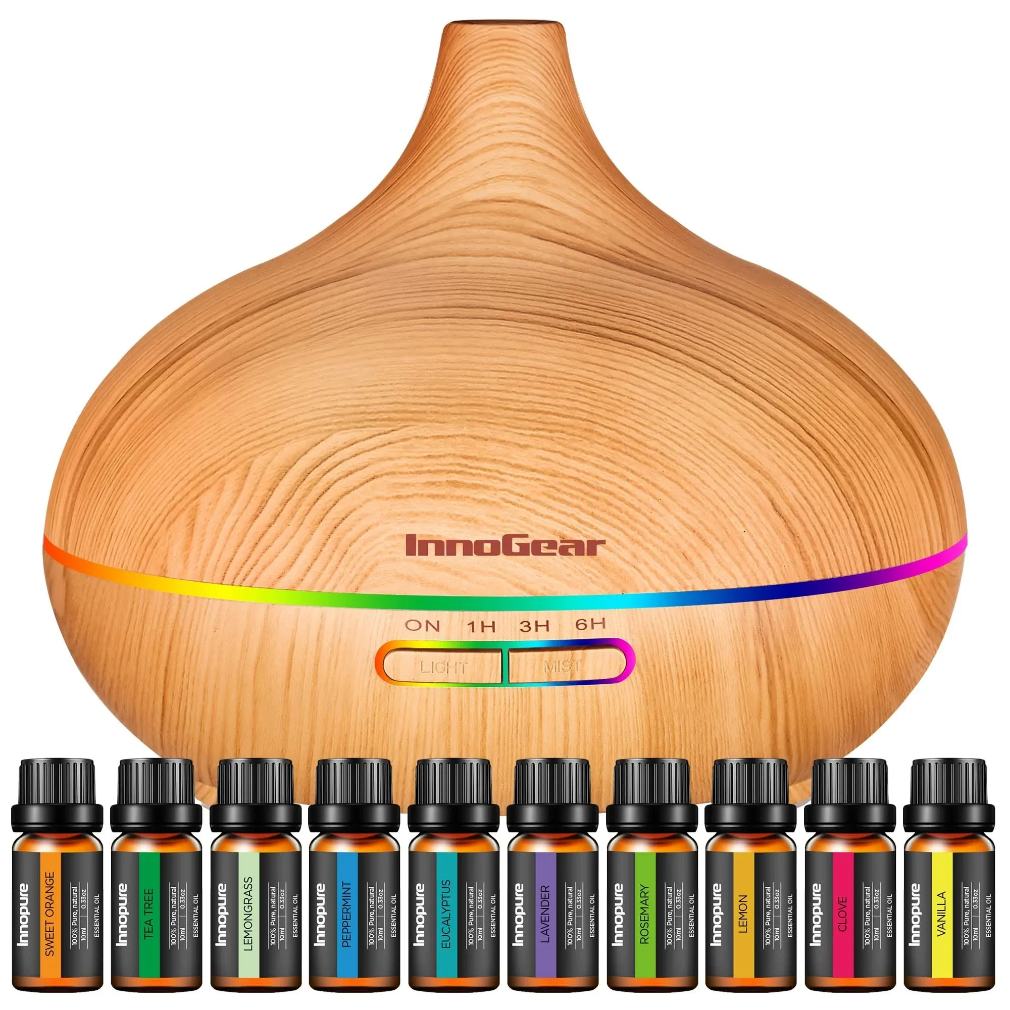 InnoGear Aromatherapy Diffuser & 10 Essential Oils Set, 400ml Diffuser Ultrasonic Diffuser Cool Mist Humidifier with 4 Timers 7 Colors Light